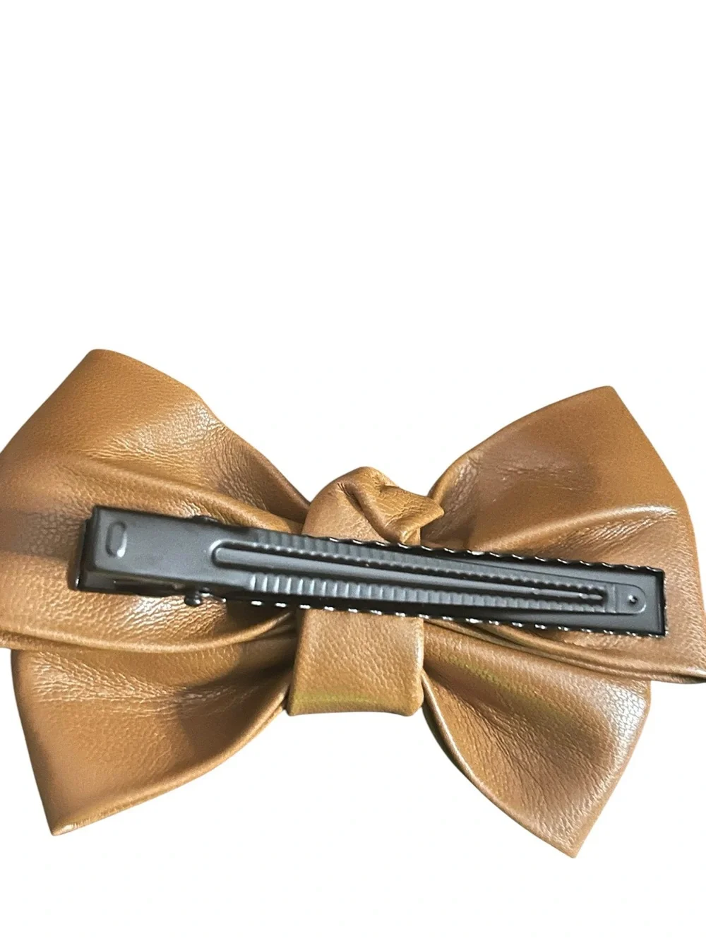 Tan Leather Bow Hair Clip with Logo Plaque